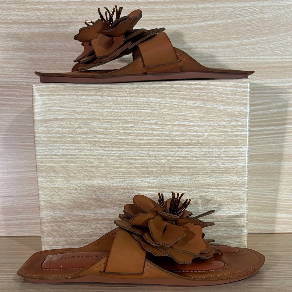 FARM Rio Floral Sandals Brown Leather Slide Statement Summer Chic - Picture 4 of 14